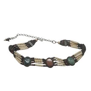 Natural Stone Bohemian Cabachon Concha Belt Carved Bone Beads Four Strands Small